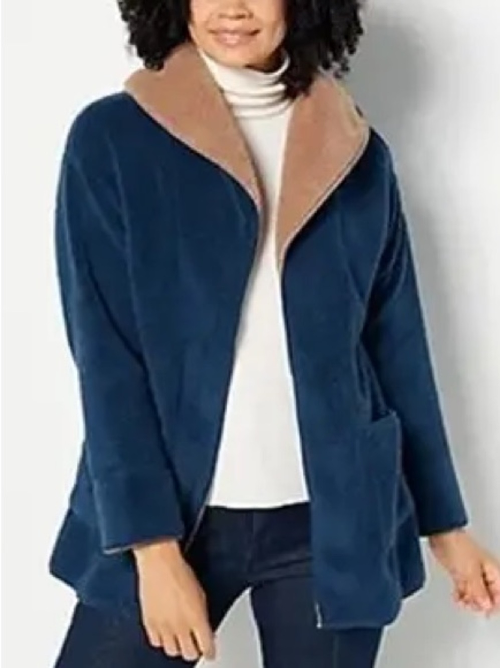 Koolaburra by UGG Navy Blue Camel Sherpa Fleece Shawl Collar Open Front Coat